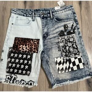 Rue 21 Premium Denim Mens Jean Shorts Patchwork Supreme Flex Graffiti Size 32